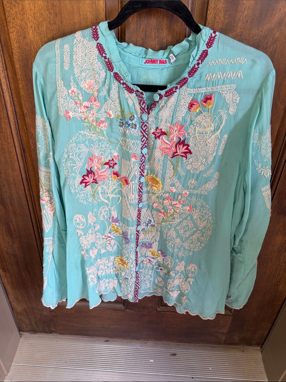 Johnny Was Allbee Aqua Embroidered Floral Button-Down Top